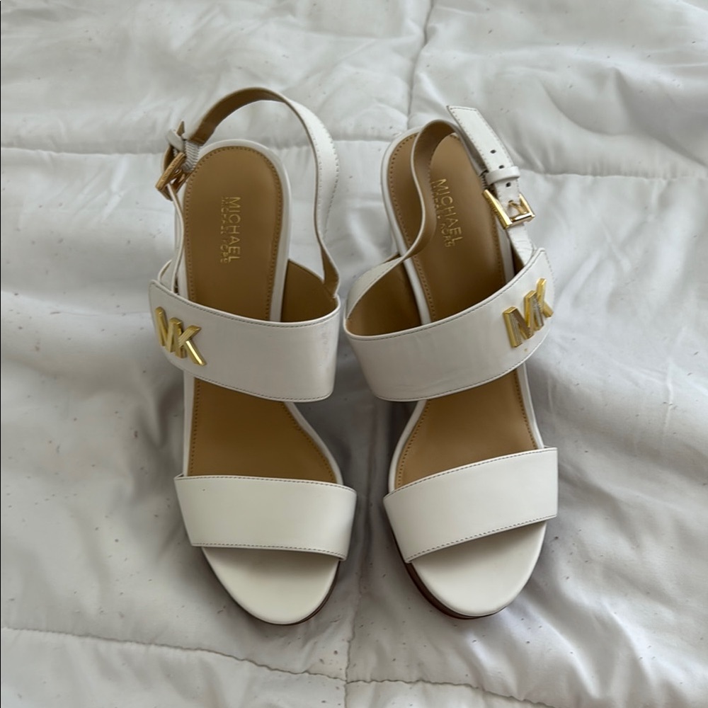Michael Kors Gold and White Sandals with Chunky Heel